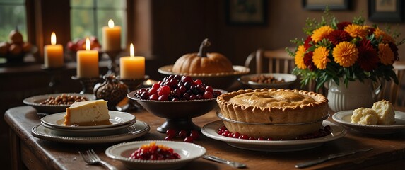 Naklejka premium Autumn Abundance: A rustic Thanksgiving feast, captured in warm, inviting light. The table is laden with pies, pumpkin, cranberries, and flowers, creating a scene of heartfelt togetherness.