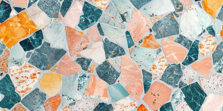 Multi-colored glass and stone tiles form a vibrant artistic backdrop.