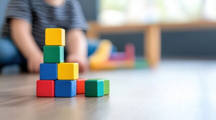 A child is sitting on the floor with a stack of colorful blocks