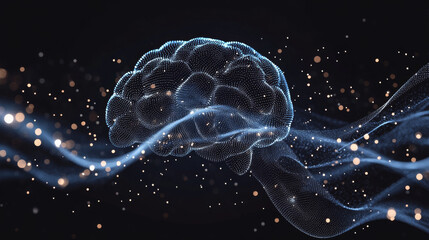 Brain made of glowing data points and neural networks floating in space on black background. 3D illustration. Artificial intelligence technologies, data visualization or computer science.