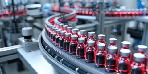Fototapeta premium Pills being produced on a conveyor belt within a pharmaceutical factory.