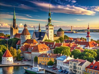 Obraz premium Tallinn Old Town Port Picturesque Scenery, Baltic Sea Coastal Cityscape, Medieval Architecture, Estonian Travel Photography