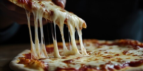 Shot of a freshly baked pizza with melted cheese dripping from the slice being removed.