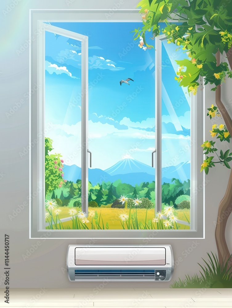Poster air conditioner mounted on wall with an open window revealing a scenic outdoor view of mountains and