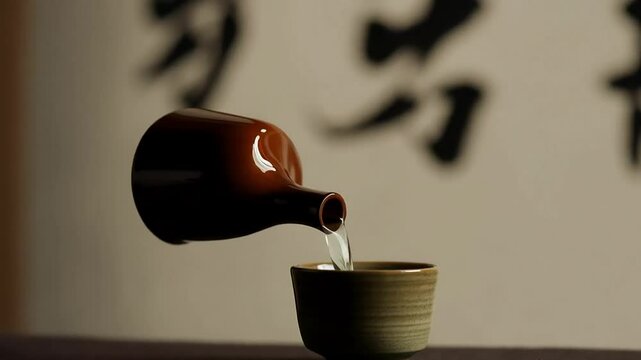 Ceramic sake bottle pouring into a small cup on a dark, minimalist surface with Japanese calligraphy brush strokes in the background

