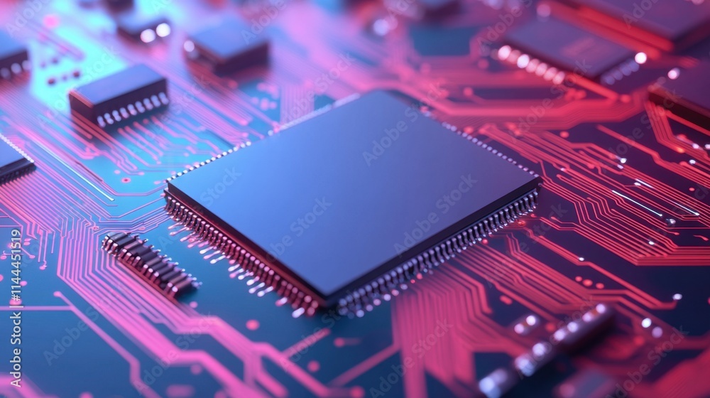 Poster Close-Up of a High-Tech Circuit Board with Microchip and Components