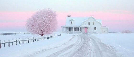 Obraz premium Snowy Winter Wonderland Pink House Frosty Tree Scenic Driveway
