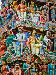 Statues on a tower of a Hindu temple in Singapore