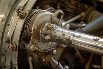 Closeup of shiny metal airplane engine parts shows the complexity of aviation engineering