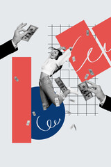 Vertical photo collage of excited girl jump banknotes income success cash bonus capital millionaire...