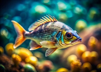 Fototapeta premium Tilt-Shift Dorade Fish Photography: Miniature Ocean Scene, Close-up, Shallow Depth of Field, Vibrant Colors, Underwater World, Aquatic Life