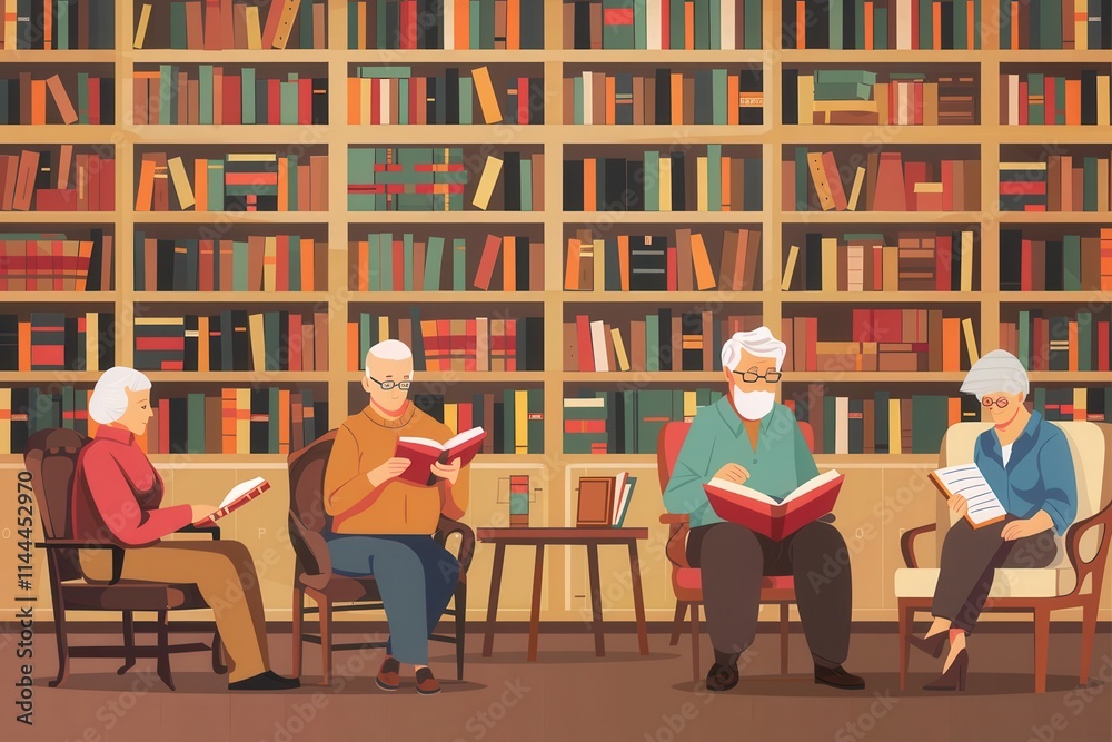 Poster elderly individuals engaged in reading and studying in a cozy library setting filled with books. gen