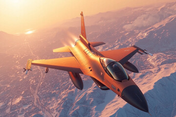 A powerful jet fighter flying low over a mountain range, showcasing speed and precision, with copy...