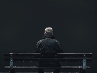 Man sits on a bench in the rain. He is wearing a black jacket and has gray hair. The scene is quiet and peaceful, with the man looking off into the distance