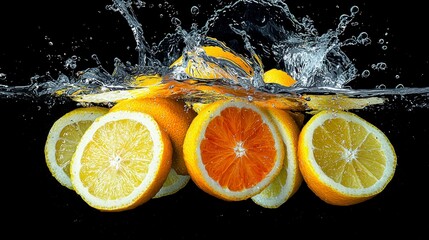 Juicy Citrus Fruits Splashing in Water  Vibrant Lemons   Oranges  Minimalist Food Photogra