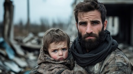 Fototapeta premium Against a backdrop of ruins, a stern man holds a young child tightly, both showing signs of weariness and searching for hope amidst devastation and loss.