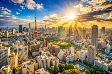 Obraz premium Tokyo Real Estate Aerial View: Vintage Style Panoramic Cityscape, Modern Architecture, Business Construction
