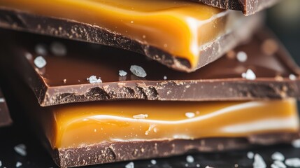 Indulgent Chocolate Caramel Squares with Sea Salt on Dark Background