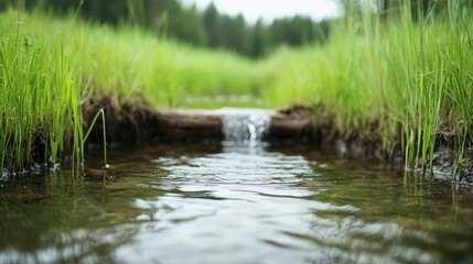 A gentle stream meanders through a verdant green meadow, bordered by lush tall grass, conveying peace, natural beauty, and simplicity in this tranquil scene.