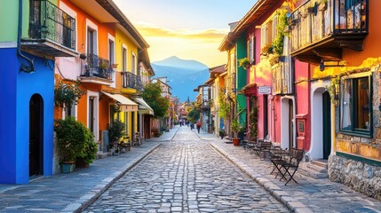 Colorful Cobblestone Street in a Vibrant Village at Sunset
