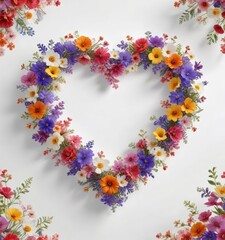 delicate flowers arranged in a heart shape on a white background , bouquet, flowers, flower decor