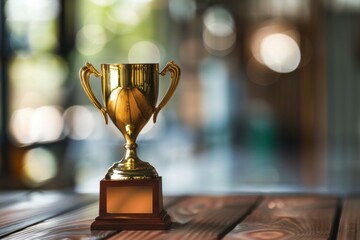 Golden trophy with blank nameplate sitting on a wooden table with bokeh background