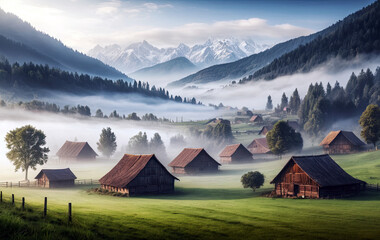 Ethereal Fog in Village with Magical Backdrop of Trees and Serene Landscapes Scenes Background Image