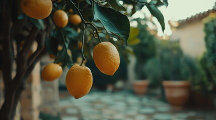 Fresh Lemons Hanging on Tree With Green Leaves in Garden Setting