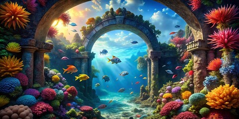 Fototapeta premium Underwater Architectural Wonders: Vibrant Coral Reef Fish Photography, Stunning Ocean Scene, Aquatic Life, Fish Photography, Marine Life Images