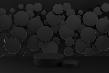 New year black stage mockup - set of two black glossy plastic podium mockups, flying black circles decor. Template 3D illustration luxury scene for presentation cosmetic products, goods, advertising.