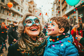 Smiling elderly woman with her grandson celebrating carnival on the street