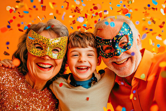 Funny grandparents with their grandson celebrating carnival with cofetti isolated on orange