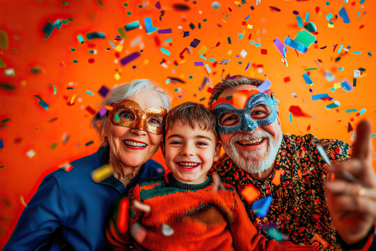 Funny grandparents with their grandson celebrating carnival with cofetti isolated on orange