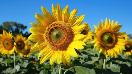 Obraz premium Bright Sunflowers Flourishing Under Clear Blue Sky in Sunny Field
