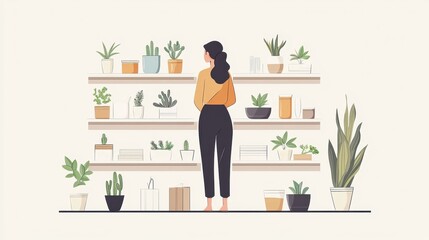 Fototapeta premium Online e-commerce aims to increase conversion rates Woman admiring a shelf filled with various indoor plants in a stylish setting.