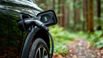 A modern electric vehicle charges amidst a serene forest, highlighting the juxtaposition of advanced technology and nature, focusing on sustainability and innovation.
