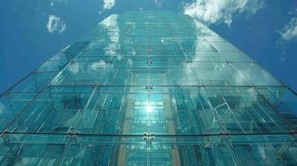 A towering glass structure reflecting the sky and clouds, showcasing modern architectural design.