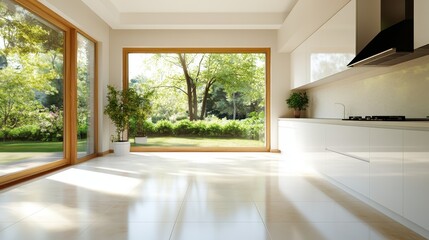 A sunlit kitchen with large windows showcasing a garden view, providing a tranquil and bright environment perfect for cooking and relaxation.