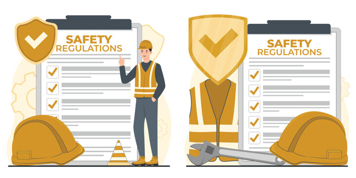 Safety regulations. Construction worker with safety helmet and checklist. Vector illustration