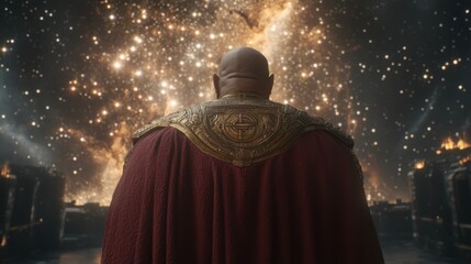 Naklejka premium Majestic Cosmic Scene with Hero in Regal Red Cloak and Gold Armor