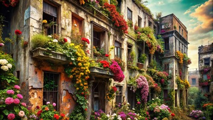 Naklejka premium Urban Exploration Floral Background: Grunge City, Botanical Art, Abstract Cityscape, Vintage Flowers