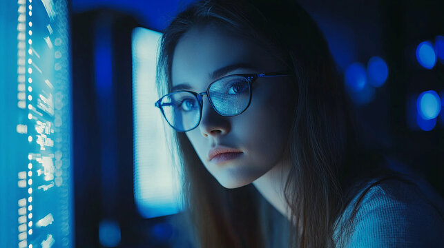 Female cybersecurity analyst examining AI data on a digital screen