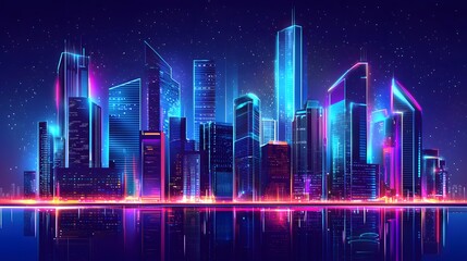 This sentence captures the essence of a city scene at night, focusing on the prominent architectural features and the dramatic lighting