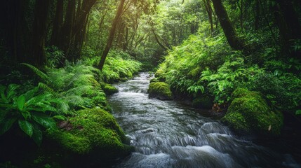 Obraz premium Serene Forest Stream Surrounded by Lush Green Ferns and Moss