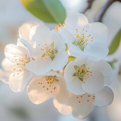 close-up of white blossoms with yellow stamens