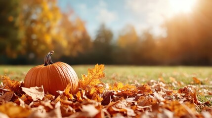 A lone pumpkin sits among a field of fallen leaves under a bright sun, highlighting the solitary beauty and vibrant colors of the autumn landscape.
