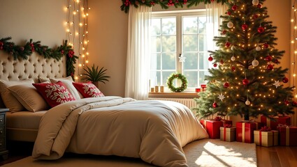 a serene and inviting master bedroom decorated in a f Christmas Theme