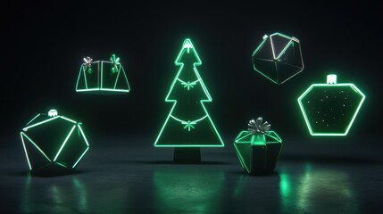 Fototapeta premium Neon Christmas Tree and Gifts on Dark Background for Holiday Season