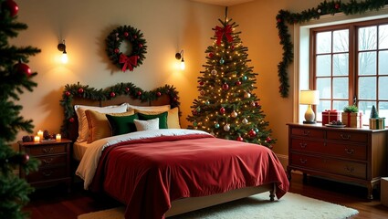 a warm and inviting guest bedroom decorated in a fest Christmas Theme