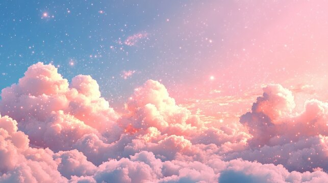 Pink clouds at sunset sky with warm twilight lights over serene landscape. Dreamy atmosphere and colorful evening scene.